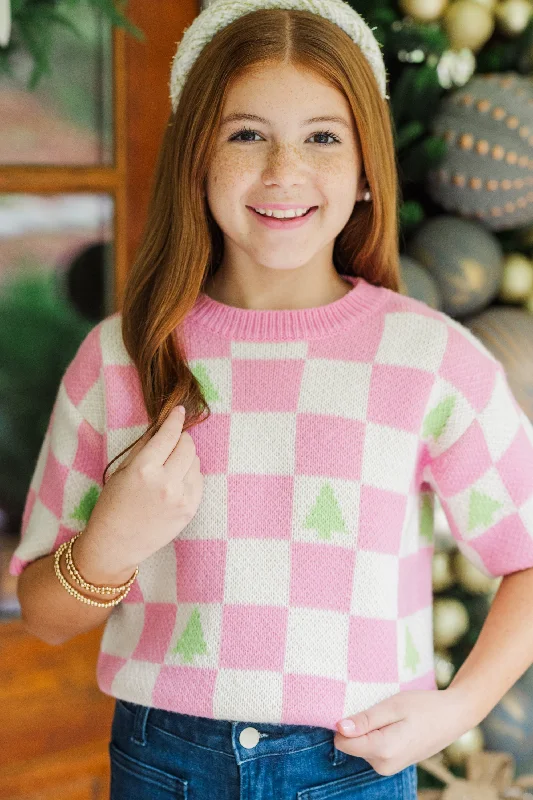 Girls: Love Like That Pink Checkered Crop Sweater