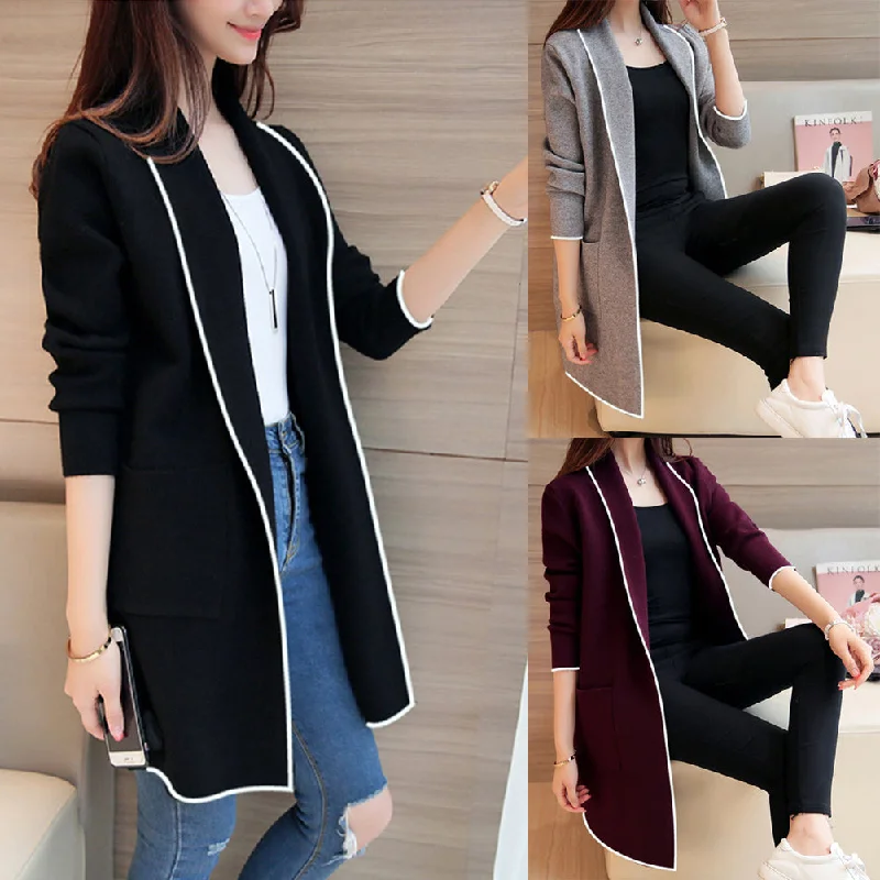 black Women Long Coats Long Sleeve Casual OL Spring Cardigan Pocket Solid Jumper Coat Black Gray Ladies Casual Jacket