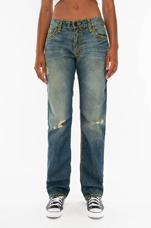 HEAVY ORANGE STITCH STRAIGHT LEG JEANS IN DESTROY VINTAGE BLUE WASH