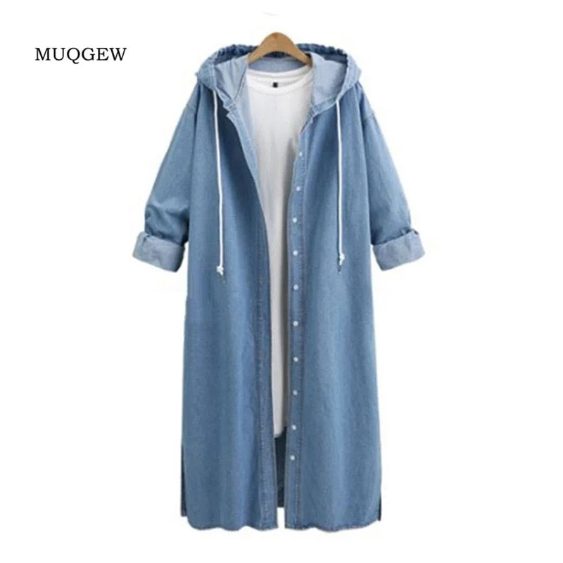 Fashion Women Hooded Casual Long Sleeve Wide-waisted Solid Denim Jacket Long Jean Coat Outwear Overcoats