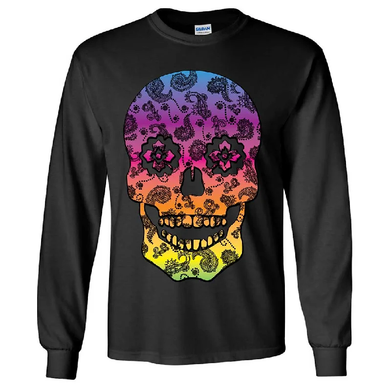 Neon Paisley Print Sugar Skull Long Sleeve Shirt