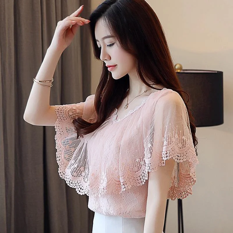 Peach Summer Lace Shirt Fashion  Blouse