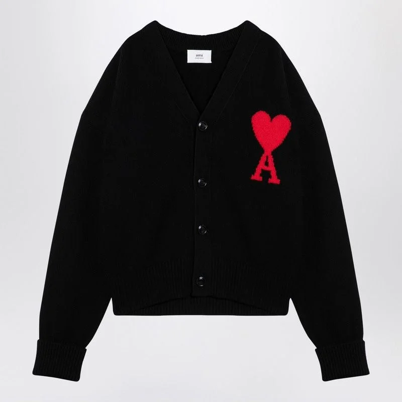 AMI PARIS Heart Embroidery Luxe Black Wool Cardigan