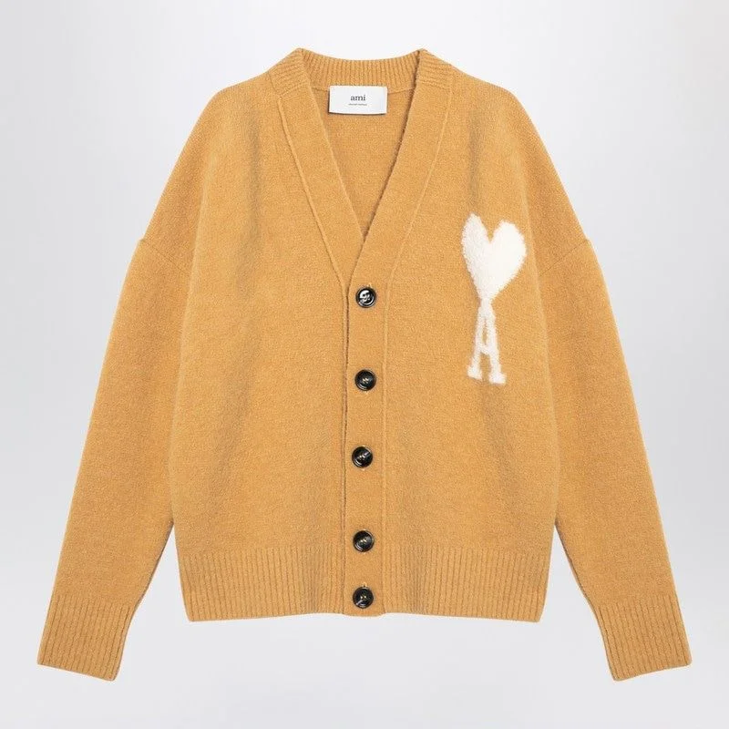 AMI PARIS Mustard Heart Emblem Alpaca Blend Cardigan