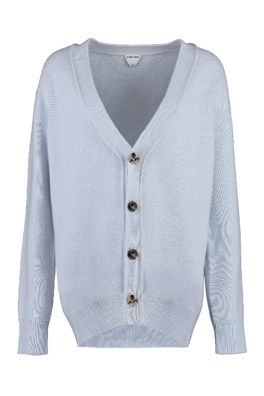 BOTTEGA VENETA Light Blue Cashmere Cardigan with Leather Patches