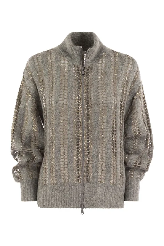 BRUNELLO CUCINELLI Luxurious Wool-Mohair Blend Lace-Inspired Cardigan