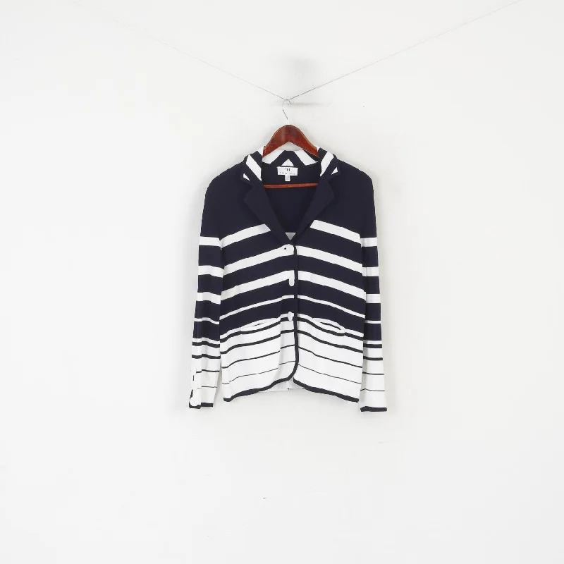 Peter Hahn Women 14 40 Cardigan Navy White Striped Viscose Marine Sweater