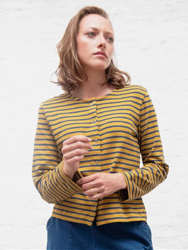 Joss Organic Cotton Jersey Cardigan | Mustard Stripe