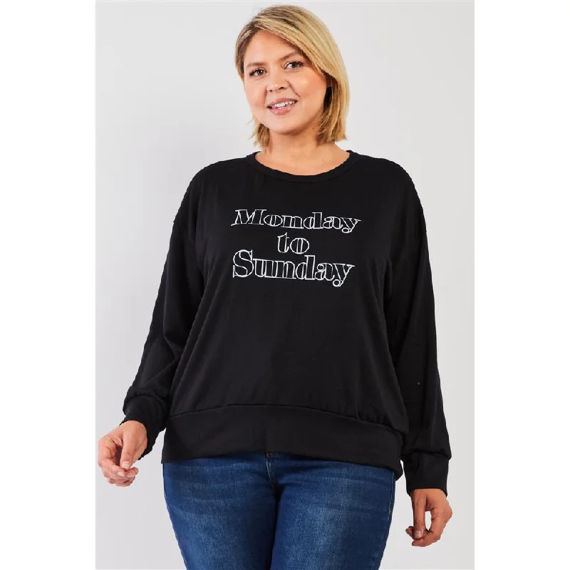 Black "monday Sunday" Print Long Sleeve Relaxed Sweatshirt Top