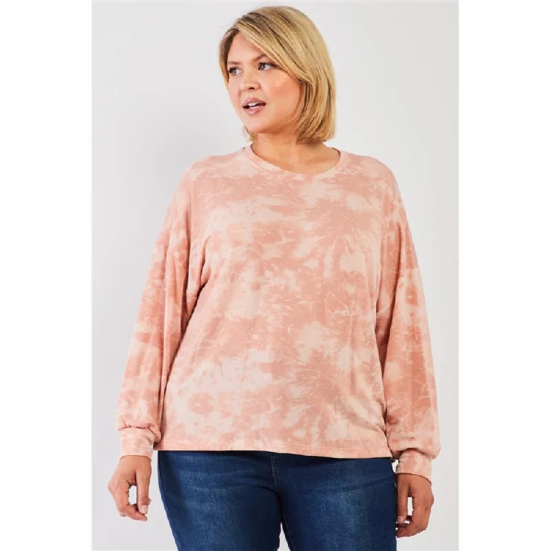 Plus Marsala Tie-dye Print Crew Neck Long Sleeve Loose Fit Sweatshirt