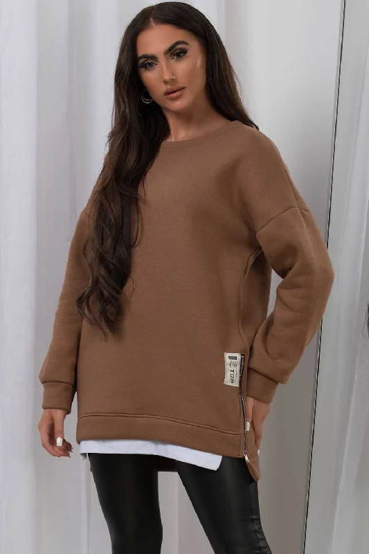 Sweatshirt With Side Zip Detail Brown