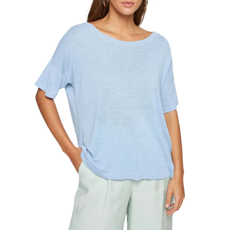 Flamed Linen Button Back T-Shirt In Light Blue