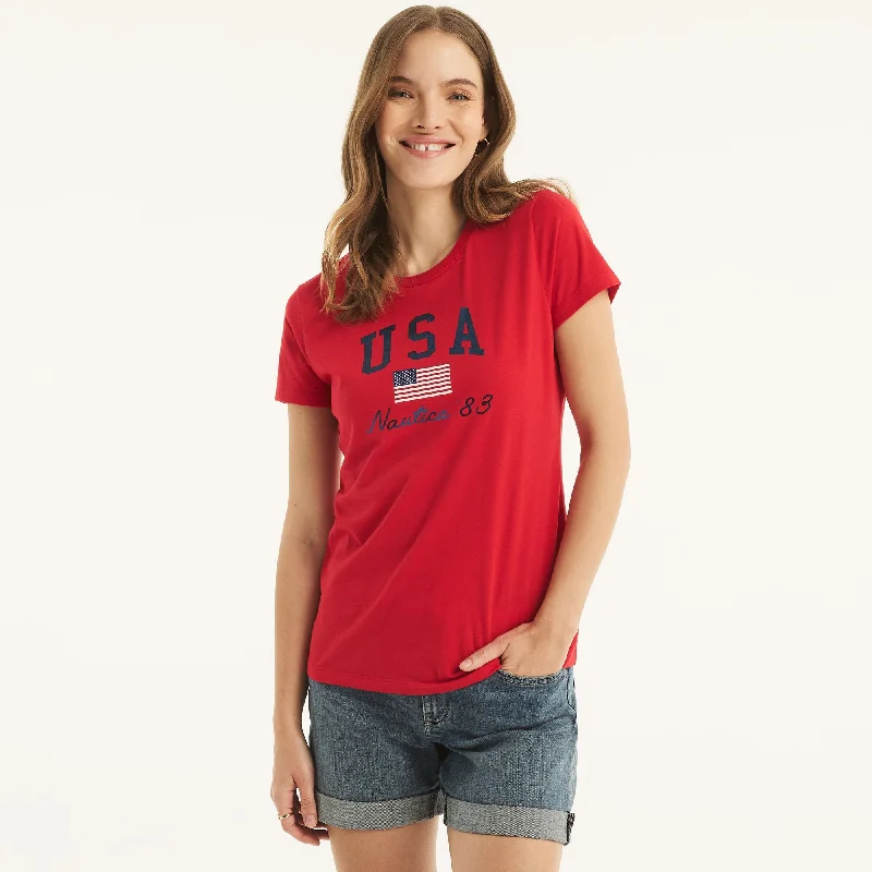 Nautica Womens Sustainably Crafted Usa Rhinestone Graphic T-Shirt