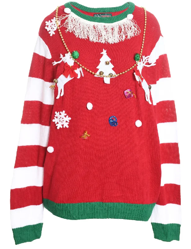 Red, White & Green Beaded Knit Christmas Jumper - XL