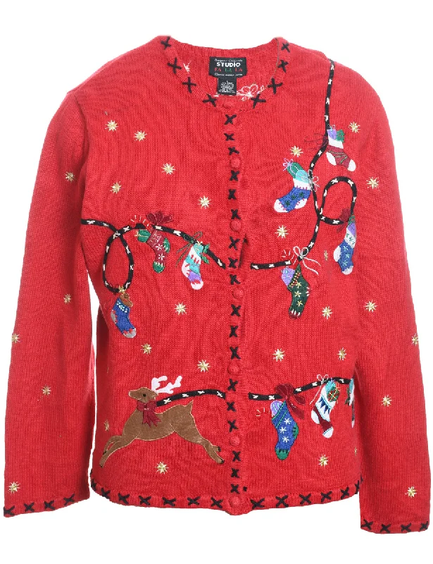 Reindeer Design Red Christmas Cardigan - L