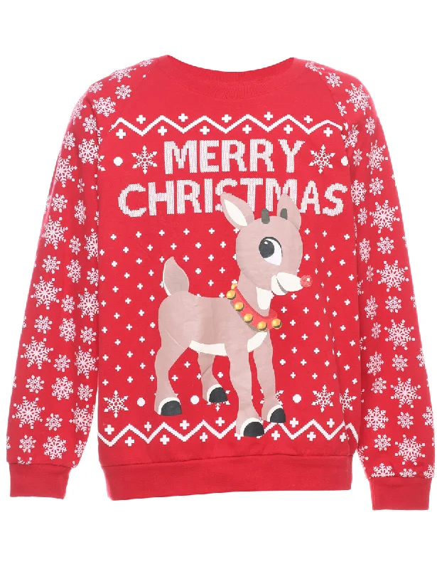 Snowfall Design Red & White Reindeer Design Christmas Sweatshirt - L