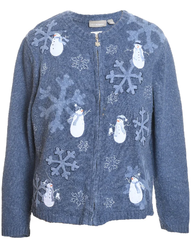 Snowman Blue Zip-Front Christmas Cardigan - L