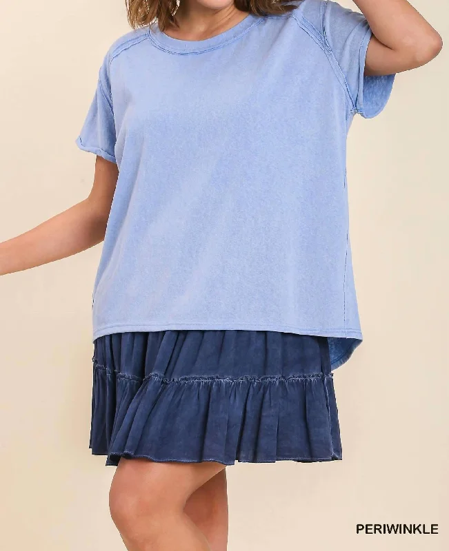 Umgee Mineral Wash Linen Blend Round Neck Short Sleeve T-Shirt In Periwinkle