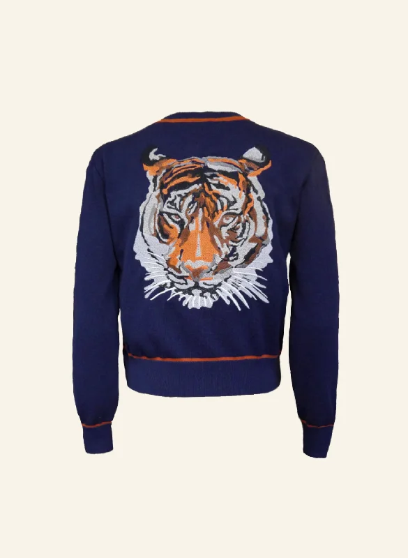 Vera Cardigan - Navy and Rust Embroidered Tiger