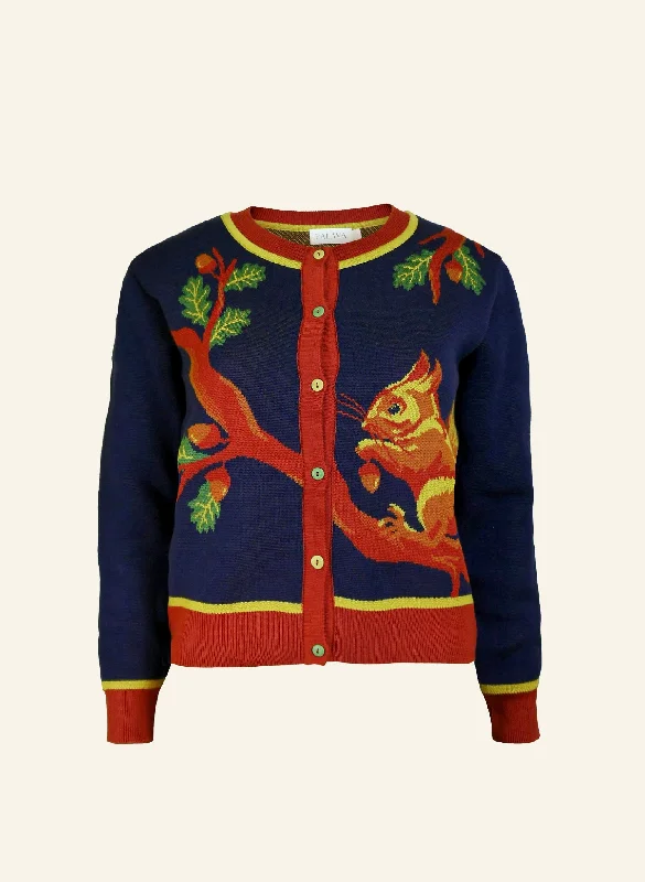 Vera - Navy Woodland Squirrel Jacquard Cardigan