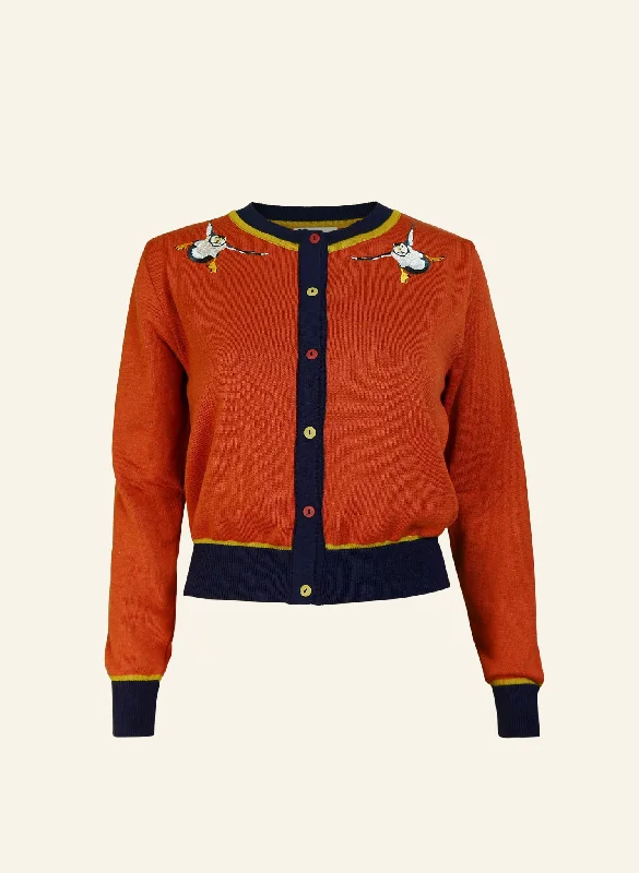 Vera Cardigan - Embroidered Puffin Rust