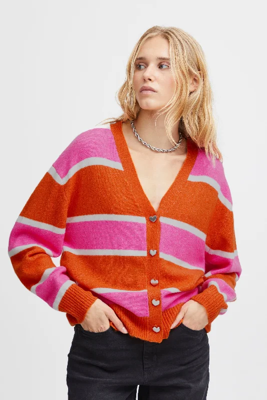 Ichi Motif Heart Button Striped Cardigan, Persimmon Orange