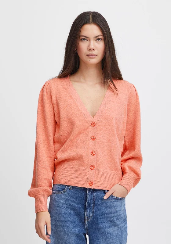 Ichi Sella Balloon Sleeve Knitted Cardigan, Hot Coral