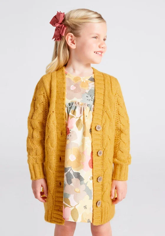 Mayoral Girls Plaited Knit Cardigan, Mustard