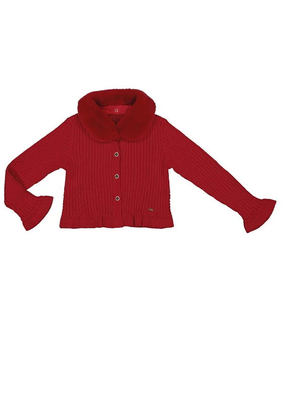 Mayoral Mini Girl Ribbed Faux Fur Collar Cardigan, Red