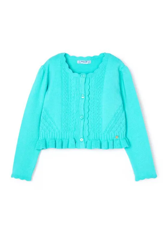 Mayoral Girl Frill Hem Knit Long Sleeve Cardigan, Blue