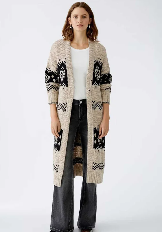 Oui Wool Coton Blend Knit Long Cardigan, Beige