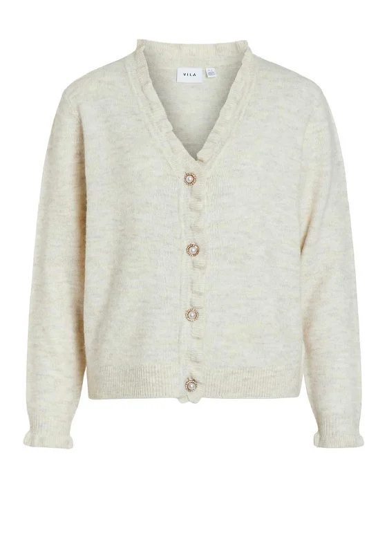 Vila Sofi Frill Trim Knit Cardigan, Super Light Natural Melange