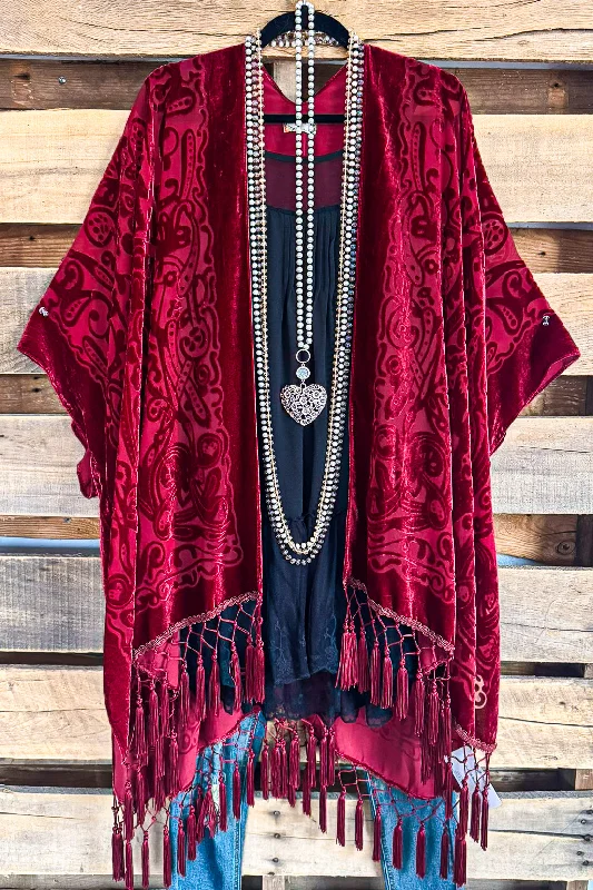 Wrapped In Greatness Oversized Burnout Velvet Kimono - Burgundy