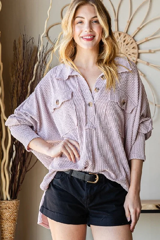 LT. MAUVE COLLARED BUTTON-UP OVERSIZED TOP RJT4302-RIB9