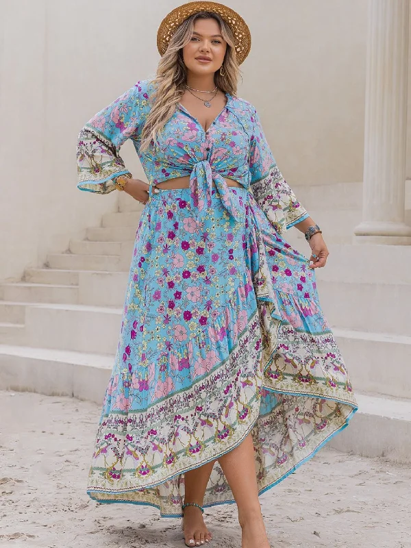 Hazel Blues® | Printed Tie Neck Top and Skirt Set