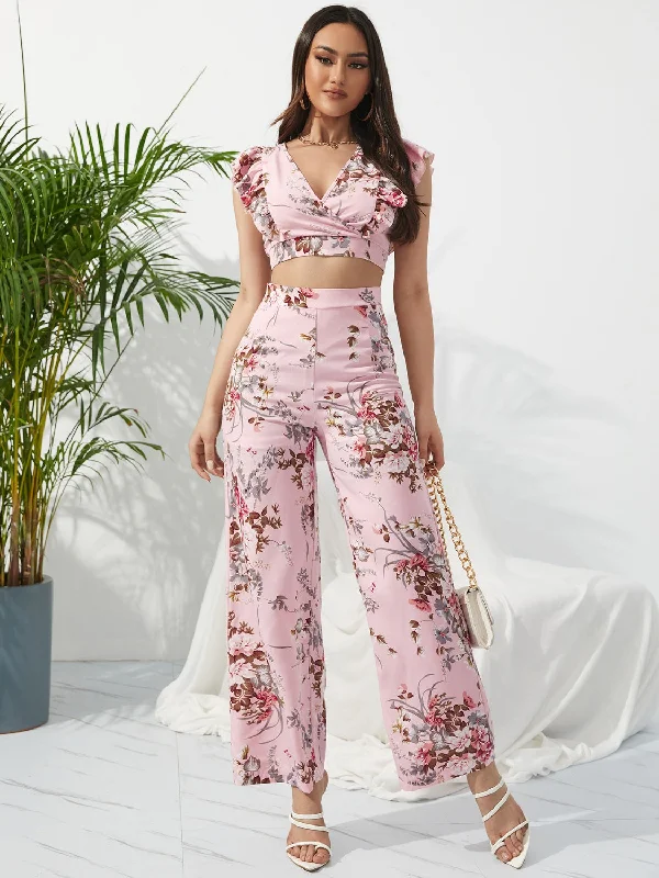 Hazel Blues® |  Printed Surplice Cap Sleeve Top and Pants Set