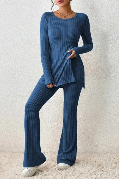 Hazel Blues® |  Ribbed Long Sleeve Slit Top and Bootcut Pants Set