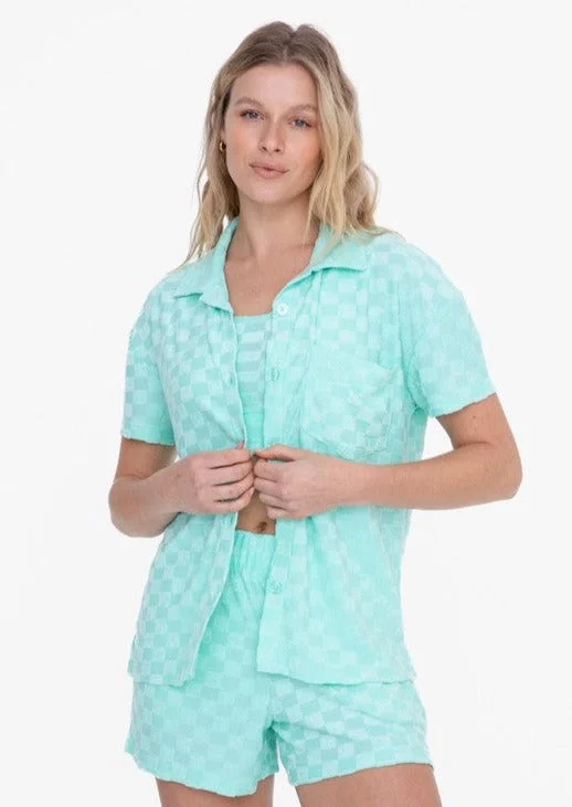 "Self Care" Checkered Button-Up Set - Mint