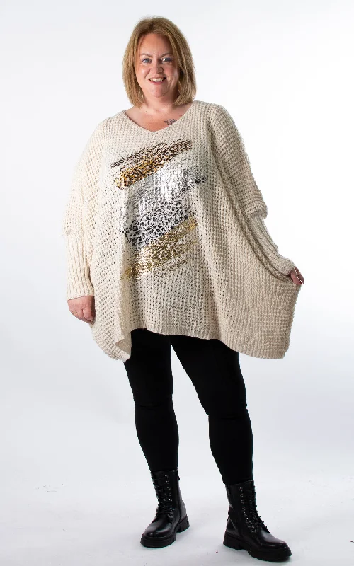 Oversized Chunky Knit Jumper | Foil Brush Stroke | Beige