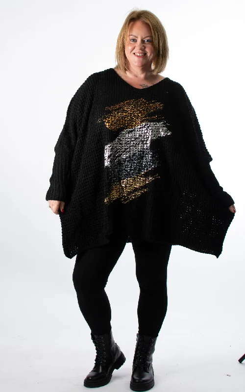 Oversized Chunky Knit Jumper | Foil Brush Stroke | Black