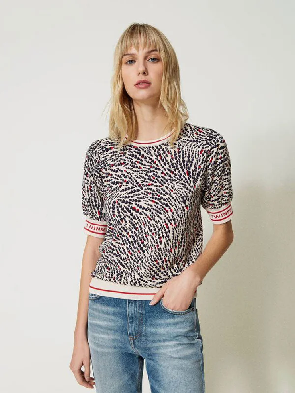 Twinset Printed Knitted Top with Jacquard Logo Cream