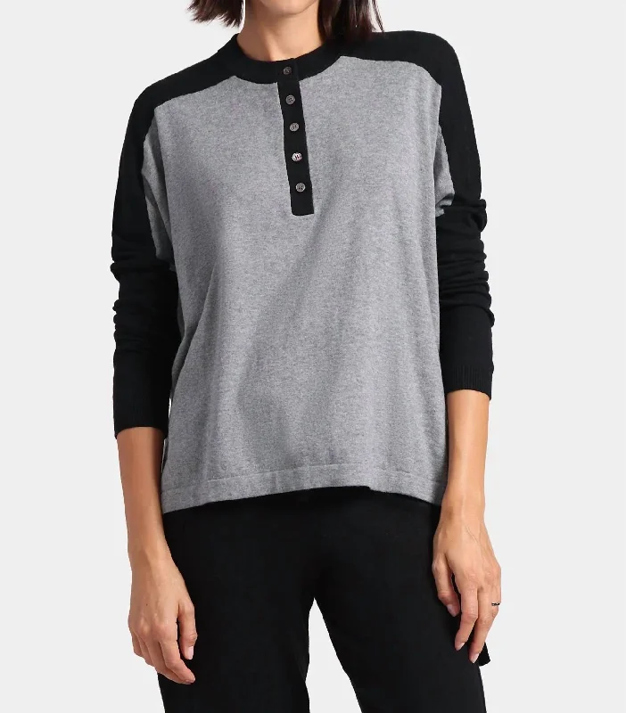 Cotton Cashmere Colorblock Oversized Henley Shirt In Black/grey