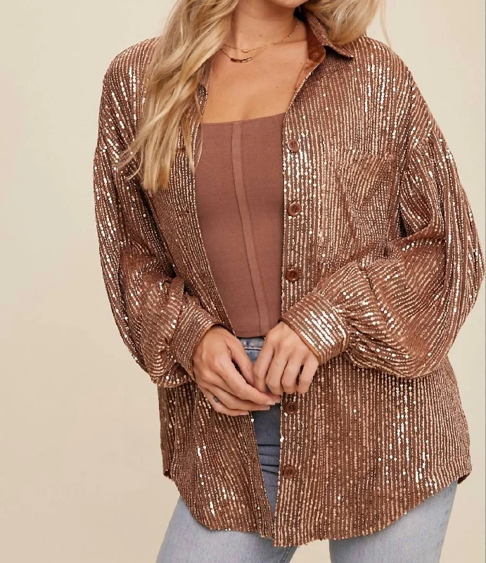 Oversized Sequin Button Down Shirt In Copper