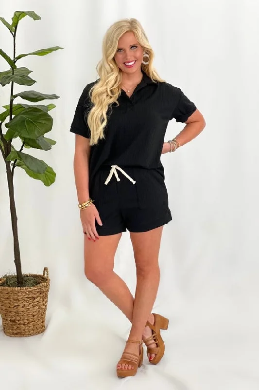 Black Textured Collar Top & Short Set *Final Sale*