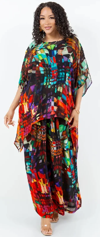 SunHeart Stained Glass Top & Palazzo Pants Set Boho Hippie Chic Resort Wear Sml-2X+