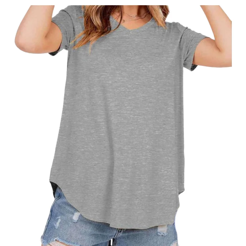 Basic Plus Size Short Sleeve V-Neck Round Hem Top