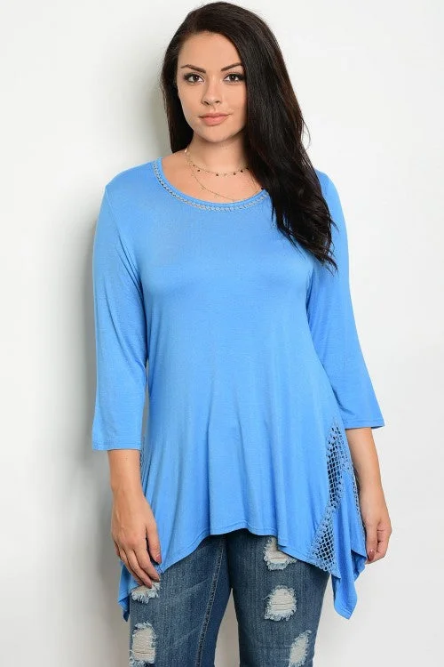 Blue Crochet Lace Detail Handkerchief Top - Plus Size