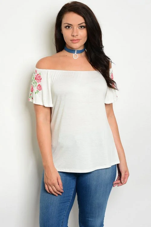 Ivory Off Shoulder Flower Print Sleeve Top - Plus Size