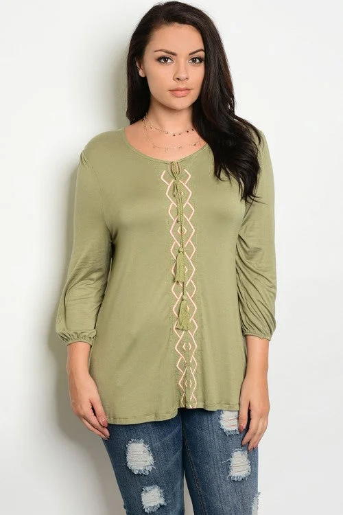 Light Olive Embroidery Detail 3/4 Sleeve Peasant Top - Plus Size