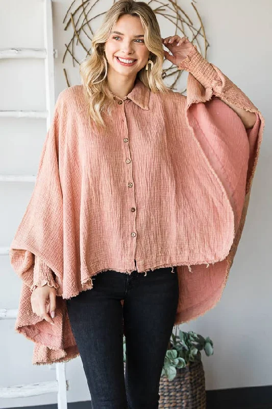 Mineral Washed Button Down Crinkled Oversized Top - Pink